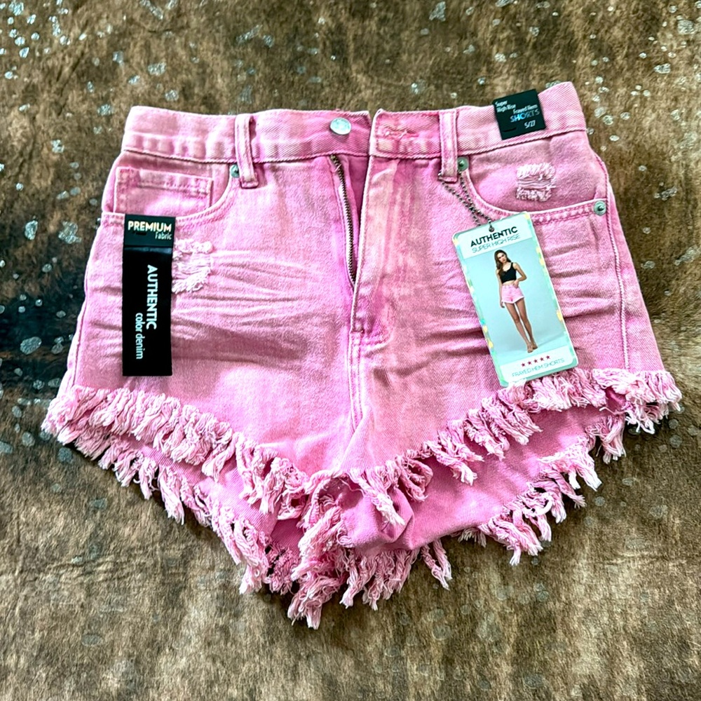 Pink super high rise frayed jean shorts